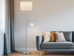 Große Stehlampe mit Leselampe, LED dimmbar, Stoffschirm Weiß, Höhe 170cm