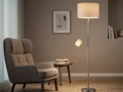 Große Stehlampe mit Leselampe, LED dimmbar, Stoffschirm Weiß, Höhe 170cm