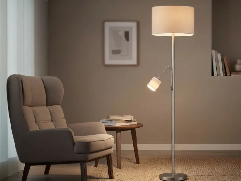Große Stehlampe mit Leselampe, LED dimmbar, Stoffschirm Weiß, Höhe 170cm