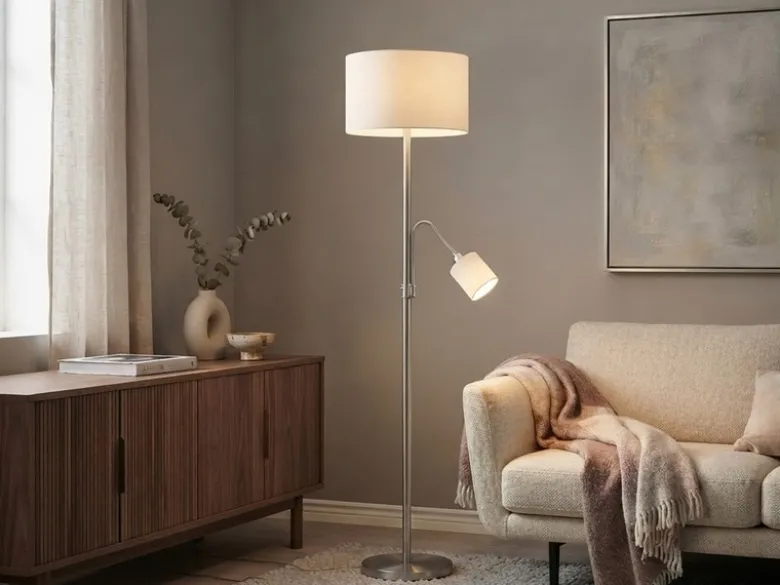 Große Stehlampe mit Leselampe, LED dimmbar, Stoffschirm Weiß, Höhe 170cm