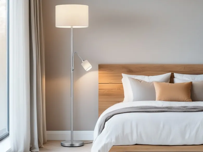 Große Stehlampe mit Leselampe, LED dimmbar, Stoffschirm Weiß, Höhe 170cm