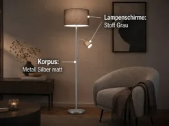 Große Stehlampe mit Leselampe, LED dimmbar, Stoffschirm Grau, Höhe 170cm