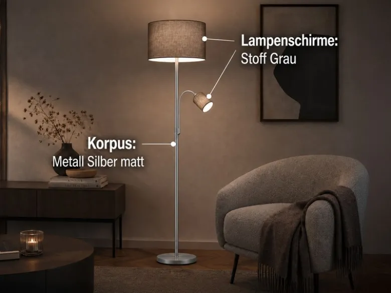 Große Stehlampe mit Leselampe, LED dimmbar, Stoffschirm Grau, Höhe 170cm