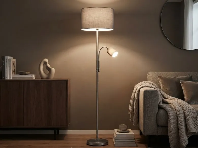 Große Stehlampe mit Leselampe, LED dimmbar, Stoffschirm Grau, Höhe 170cm