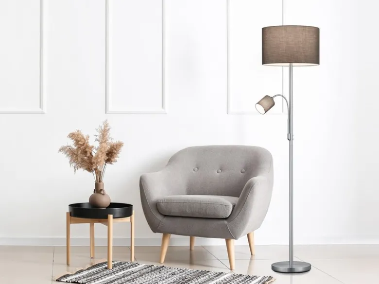Große Stehlampe mit Leselampe, LED dimmbar, Stoffschirm Grau, Höhe 170cm