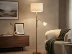 Große Stehlampe mit Leselampe, LED dimmbar, Messing Stoff Cremeweiß, Höhe 170cm