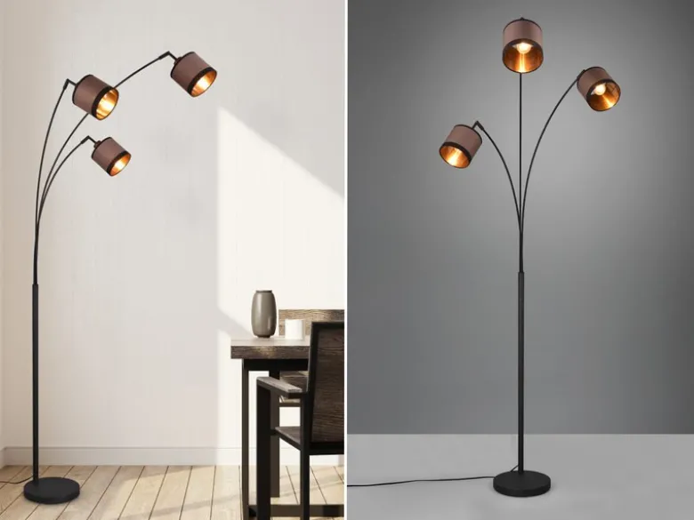 Große Stehleuchte DAVOS 3-flammig mit Stoffschirmen in Taupe/Gold, Höhe 185cm