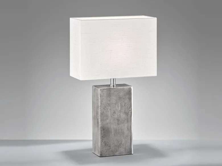 Große Tischlampe AMIENS Metall Silber Antik, Stoffschirm Weiß, Höhe 50cm