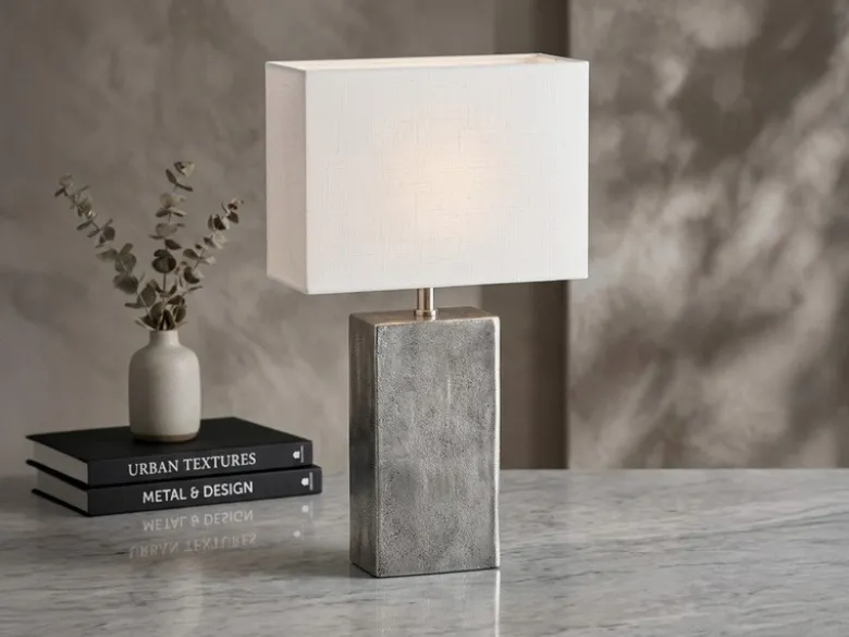 Große Tischlampe AMIENS Metall Silber Antik, Stoffschirm Weiß, Höhe 50cm