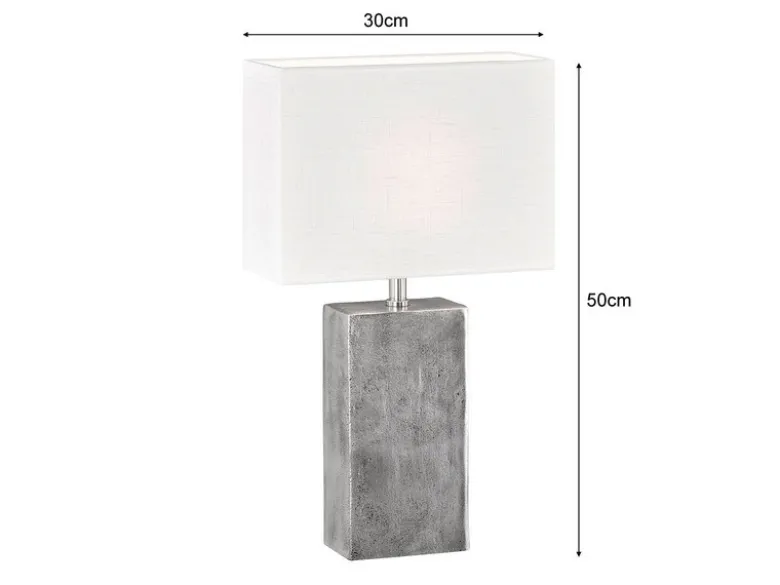 Große Tischlampe AMIENS Metall Silber Antik, Stoffschirm Weiß, Höhe 50cm