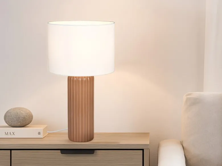 Große Tischlampe BLAIR mit Keramikfuß Mocca & Stoffschirm Beige, Höhe 51cm