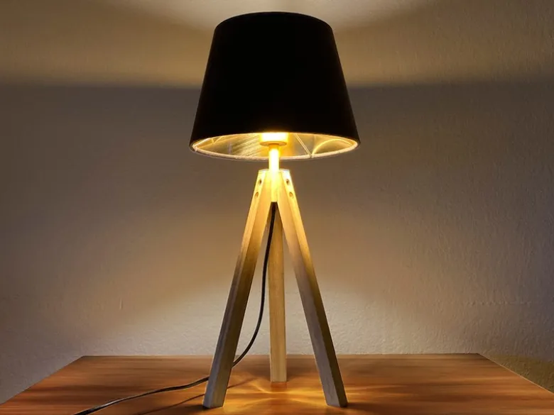 Große Tischlampe mit Holz Dreibein & E27 Samtschirm Braun Gold, Höhe 55cm