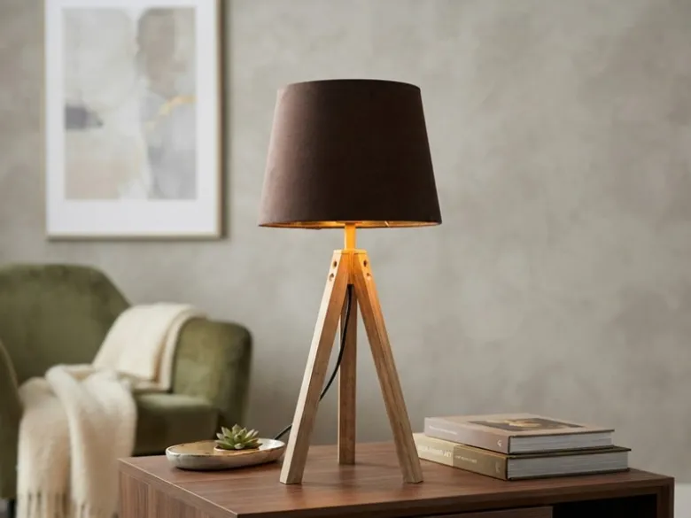 Große Tischlampe mit Holz Dreibein & E27 Samtschirm Braun Gold, Höhe 55cm