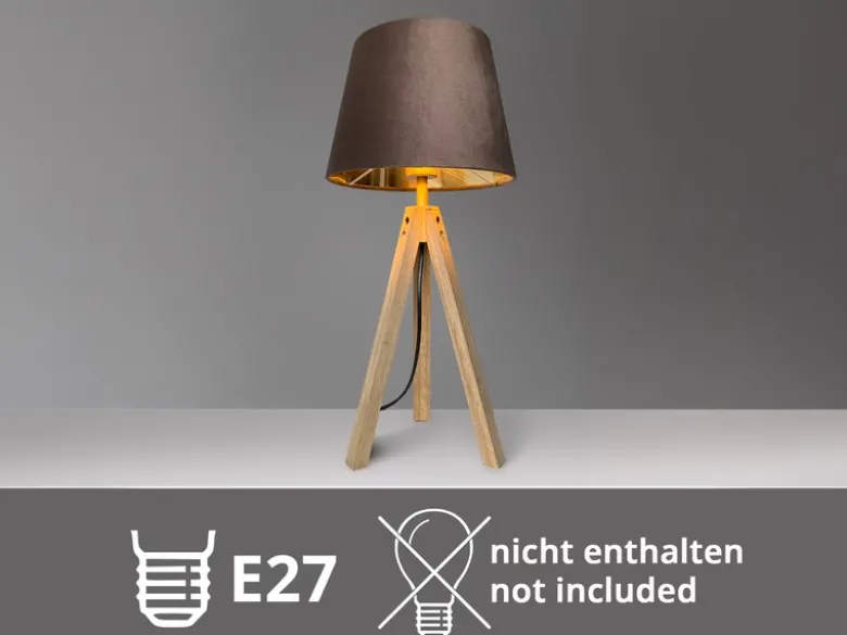 Große Tischlampe mit Holz Dreibein & E27 Samtschirm Braun Gold, Höhe 55cm