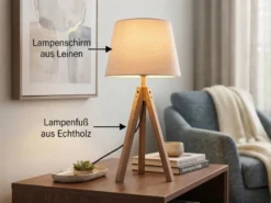 Große Tischlampe mit Holz Dreibein & E27 Leinen Lampenschirm Beige, Höhe 55cm