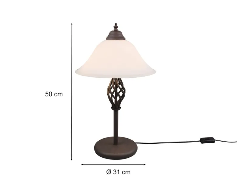 Große Tischlampe RUSTICA Landhausstil Rostoptik mit Glasschirm, Höhe 50cm