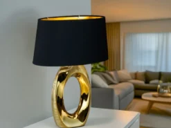 Große Tischlampe TABA Keramik Gold mit E27 Stoffschirm Schwarz, Höhe 52cm