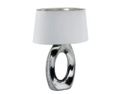 Große Tischlampe TABA Keramik Silber mit E27 Stoffschirm Weiß, Höhe 52cm
