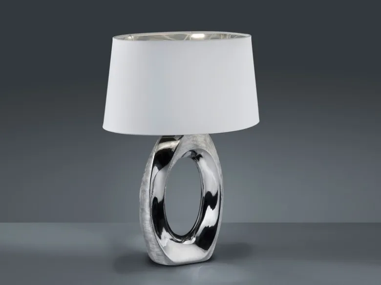 Große Tischlampe TABA Keramik Silber mit E27 Stoffschirm Weiß, Höhe 52cm