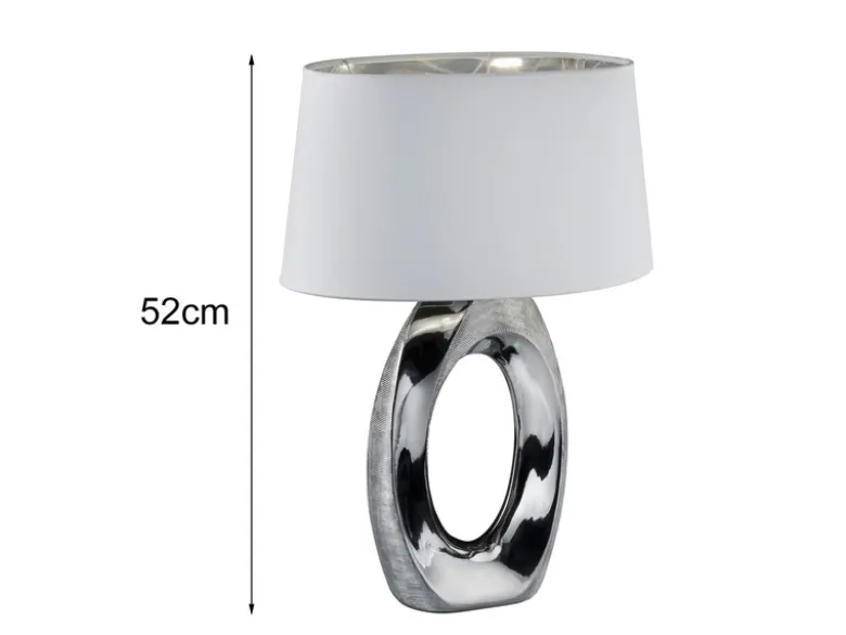 Große Tischlampe TABA Keramik Silber mit E27 Stoffschirm Weiß, Höhe 52cm