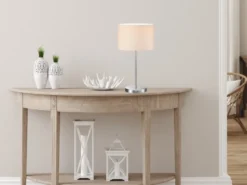 Große Tischleuchte HOTEL Silber mit Stoffschirm Weiß, Höhe 55cm