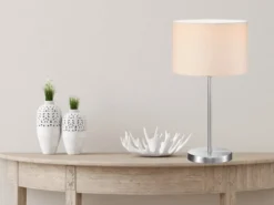 Große Tischleuchte HOTEL Silber mit Stoffschirm Weiß, Höhe 55cm