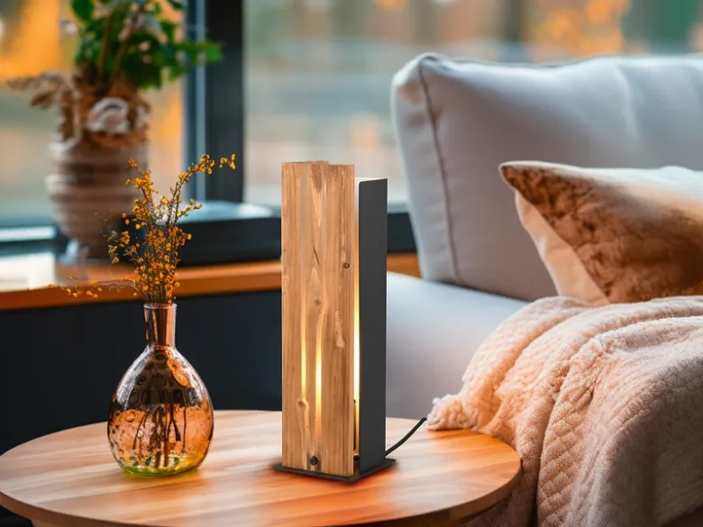 Große Tischleuchte KARUNI mit Naturholz, Höhe 40cm