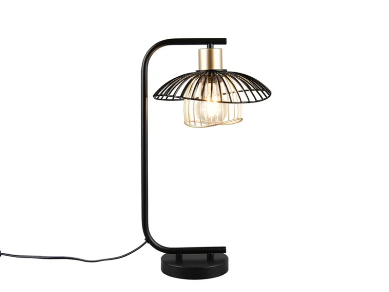 Große Tischleuchte LAURIS mit Gitter Lampenschirm Schwarz Gold, Höhe 44cm