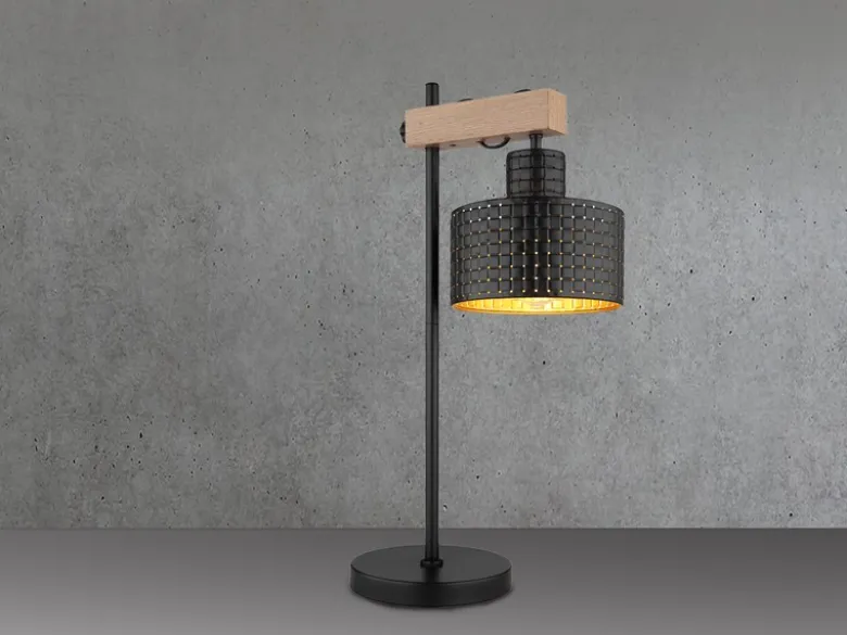 Große Tischleuchte RIELLY Metall mit Stanzmuster Schwarz Gold, Höhe 55cm