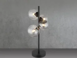 Große Tischleuchte RIHA Schwarz 4-flammig mit Glaskugeln Rauchglas, Höhe 51cm