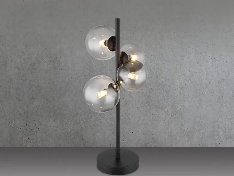 Große Tischleuchte RIHA Schwarz 4-flammig mit Glaskugeln Rauchglas, Höhe 51cm