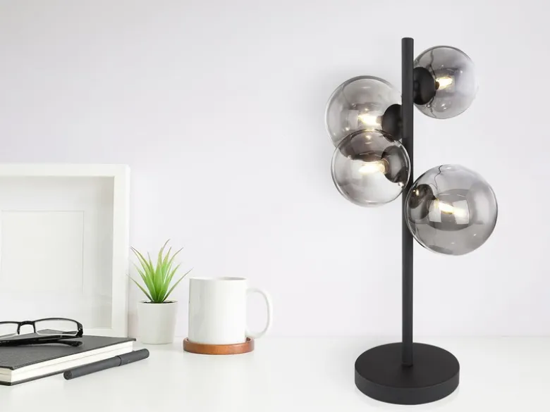 Große Tischleuchte RIHA Schwarz 4-flammig mit Glaskugeln Rauchglas, Höhe 51cm
