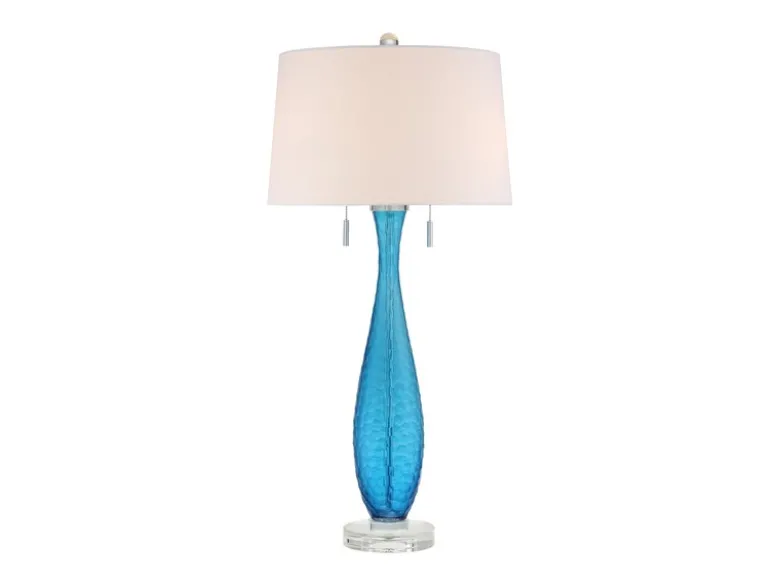 Große Tischleuchte SIGNATURE mit blauem Glasfuß und Stoffschirm in Weiß, H: 85cm