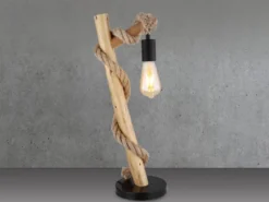 Große Tischleuchte ULLEU mit Hanfseil und Holzstab, Höhe 53,5cm
