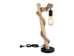 Große Tischleuchte ULLEU mit Hanfseil und Holzstab, Höhe 53,5cm