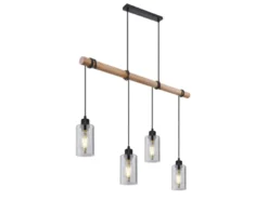Holzbalken Pendelleuchte HADERA mit 4 Rauchglas Lampenschirmen, Breite 98cm