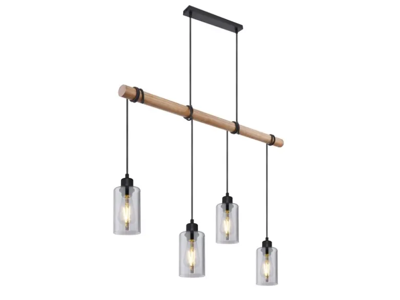 Holzbalken Pendelleuchte HADERA mit 4 Rauchglas Lampenschirmen, Breite 98cm
