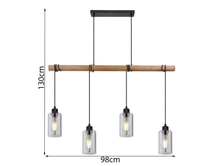 Holzbalken Pendelleuchte HADERA mit 4 Rauchglas Lampenschirmen, Breite 98cm