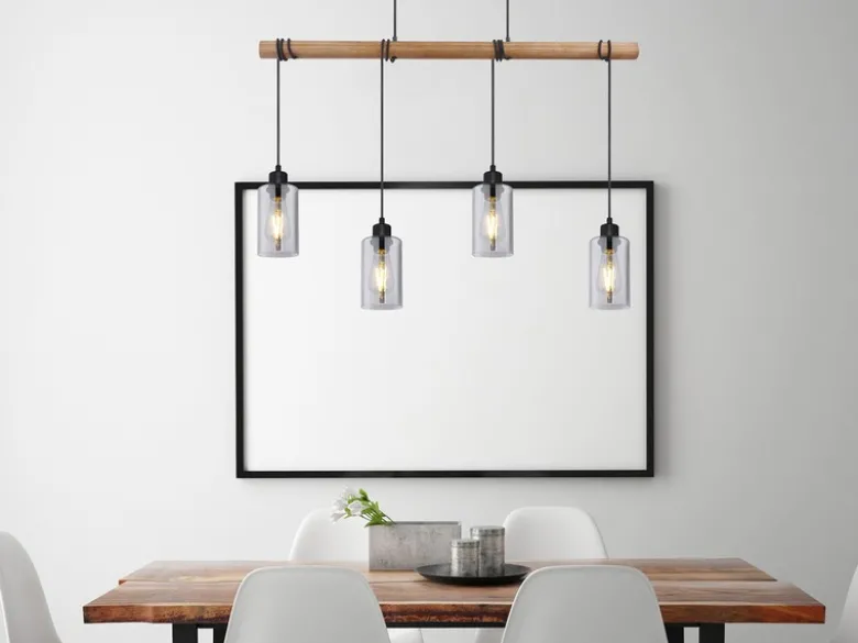 Holzbalken Pendelleuchte HADERA mit 4 Rauchglas Lampenschirmen, Breite 98cm