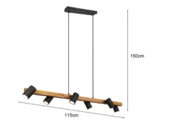 Holzbalken Pendelleuchte MARLEY 6-flammig lang Schwarz, Breite 115cm