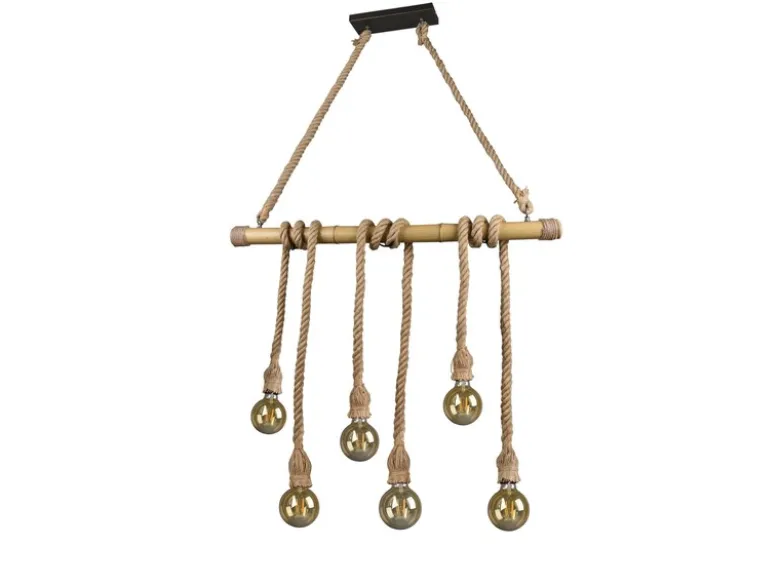 Holzbalken Pendelleuchte WILMA 6-flammig mit Bambusrohr & Tau, Breite 100cm