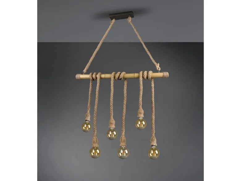 Holzbalken Pendelleuchte WILMA 6-flammig mit Bambusrohr & Tau, Breite 100cm