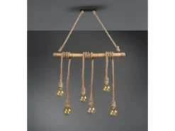 Holzbalken Pendelleuchte WILMA 6-flammig mit Bambusrohr & Tau, Breite 100cm