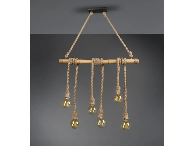 Holzbalken Pendelleuchte WILMA 6-flammig mit Bambusrohr & Tau, Breite 100cm