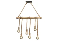 Holzbalken Pendelleuchte WILMA 6-flammig mit Bambusrohr & Tau, Breite 100cm