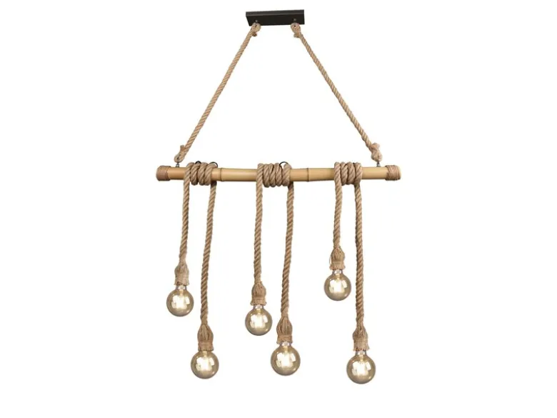 Holzbalken Pendelleuchte WILMA 6-flammig mit Bambusrohr & Tau, Breite 100cm
