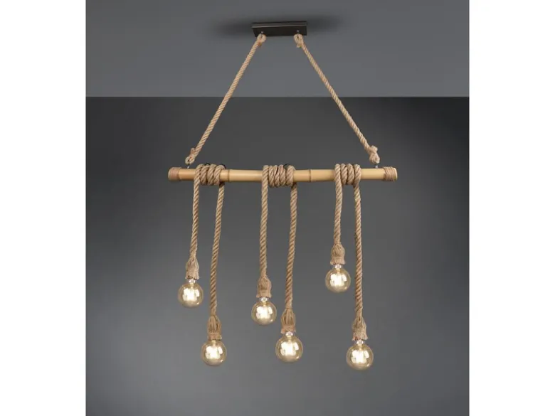 Holzbalken Pendelleuchte WILMA 6-flammig mit Bambusrohr & Tau, Breite 100cm