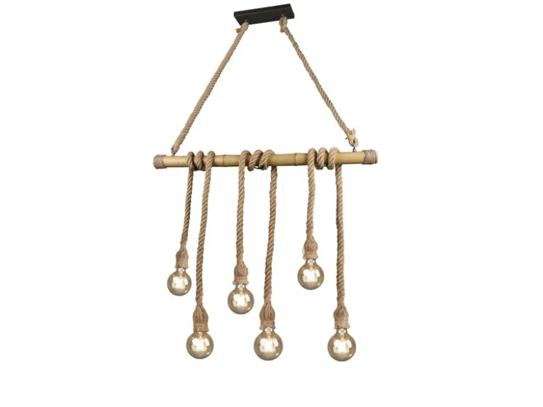Holzbalken Pendelleuchte WILMA 6-flammig mit Bambusrohr & Tau, Breite 100cm