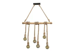 Holzbalken Pendelleuchte WILMA 6-flammig mit Bambusrohr & Tau, Breite 100cm
