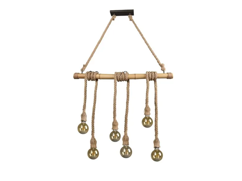 Holzbalken Pendelleuchte WILMA 6-flammig mit Bambusrohr & Tau, Breite 100cm